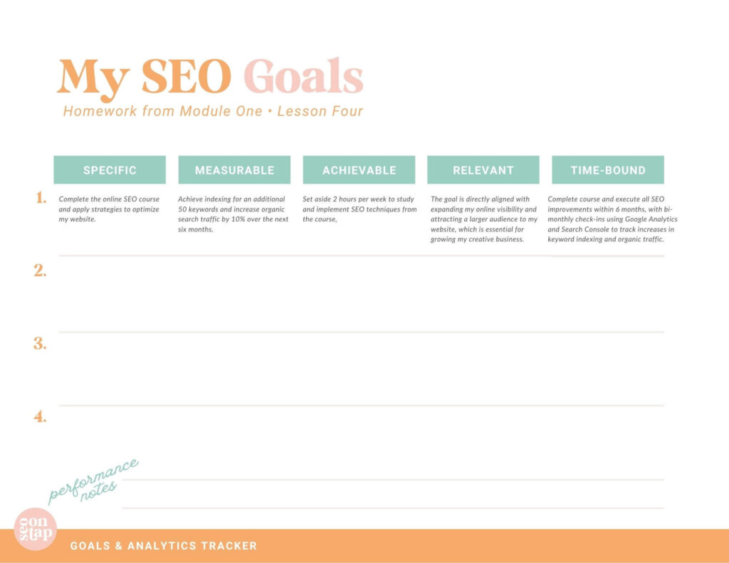 SEO On Tap Goals & Analytic Tracker