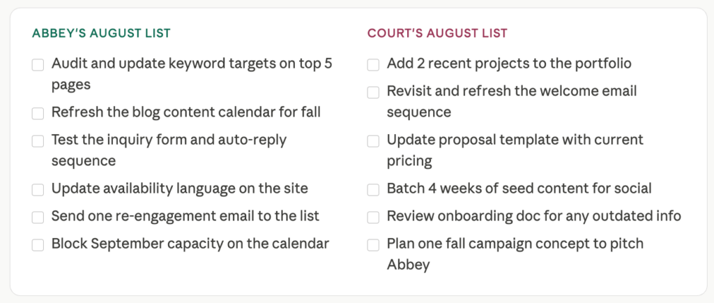 business checklist in august for duo